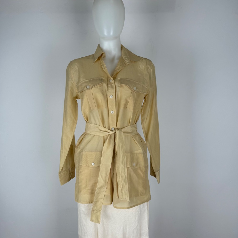 Lauren Ralph Lauren Tan Silk Blend Safari Belted Utility Shirt Jacket Womens S